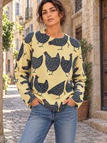 Women's Elegant Chicken Print Crew Neck Pullover Sweater, Ribbed Knit Detail, Medium Stretch, Suitable For Autumn/Winter Daily Wear - Yellow - View 1