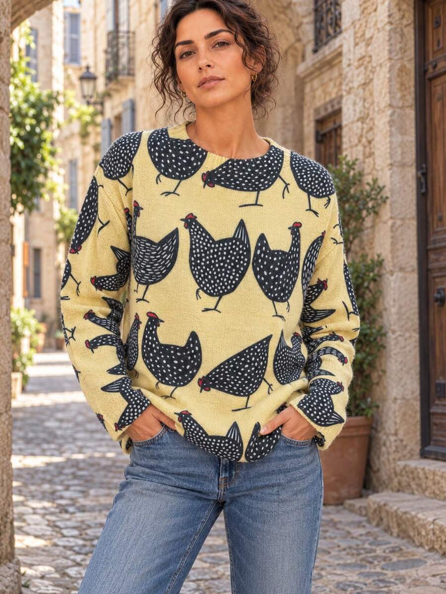 Women's Elegant Chicken Print Crew Neck Pullover Sweater, Ribbed Knit Detail, Medium Stretch, Suitable For Autumn/Winter Daily Wear - Yellow - View 1