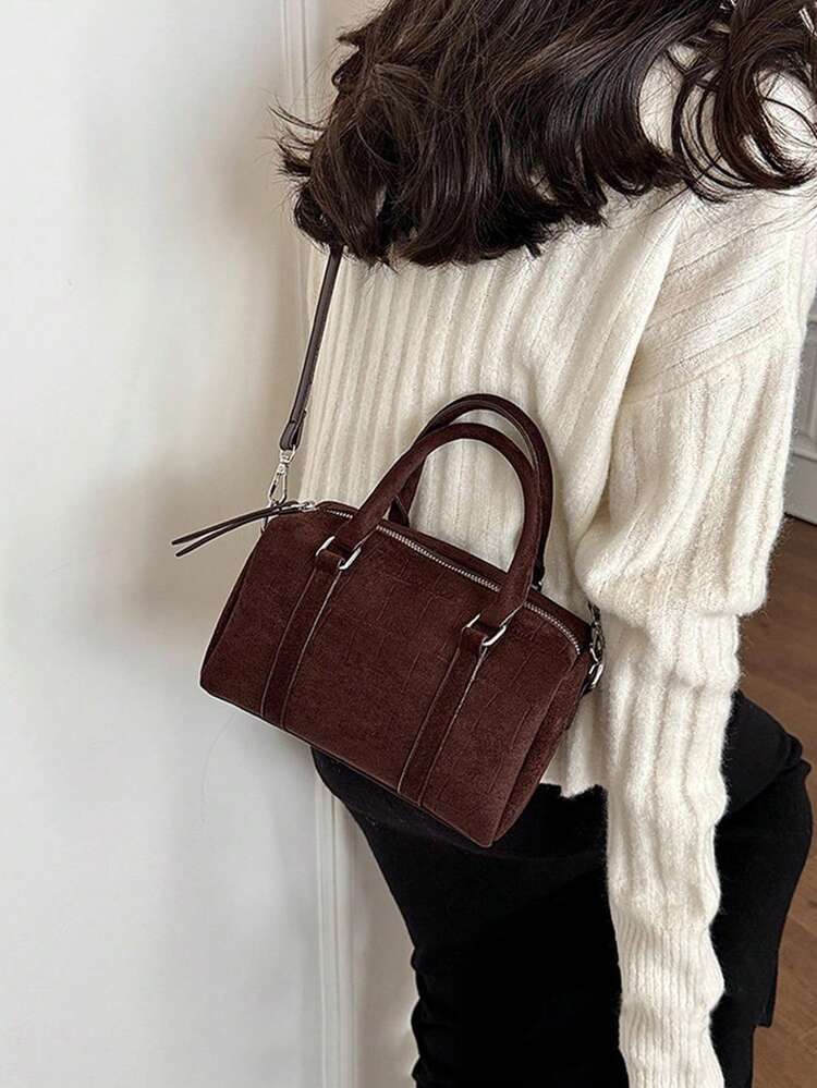 Women Vintage Corduroy Barrel Handbag, Retro Grid Textured Mini Boston Bag, Fashion Solid Top Handle Satchel Purse. - Coffee Brown - View 5
