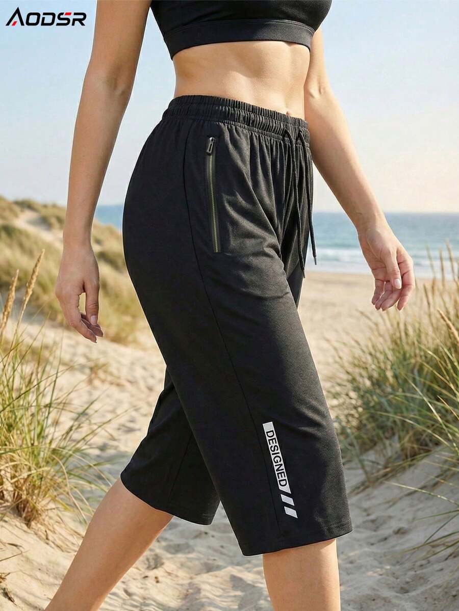 AODSR Women's 3/4 Length Pants, Elastic Waist 3/4 Length Pants, 3/4 Length Pants With Zipper Pockets, Suitable For Hiking And Summer, Sports Jogging Pants - Black - View 1