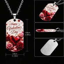 eTel LiKe Romantic Heart & Rose Pendant, Heart Dog Tag Necklace, Silver Chain Jewelry, Valentine's Day Gift For Girlfriend And Wife - Silver - View 5