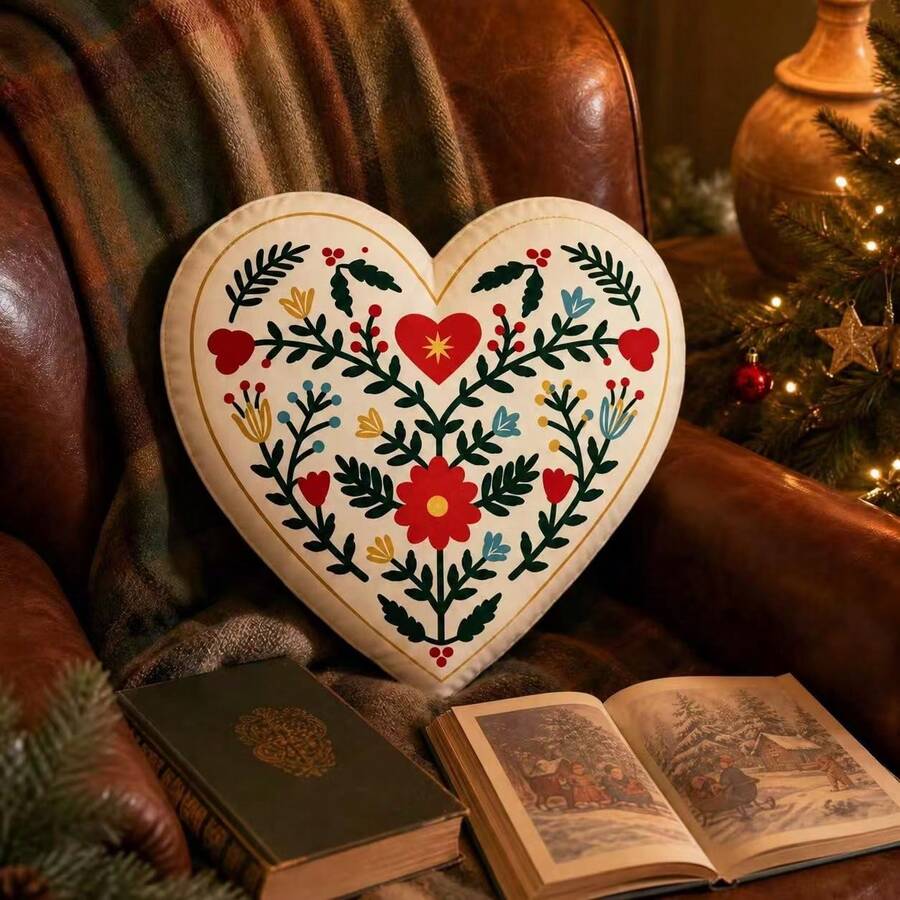 Christmas Heart-Shaped Throw Pillow, Floral Wreath Cushion With Red Holly Berries, Suitable For Sofa, Bedroom, Holiday Home Decor - Multicolor - View 1