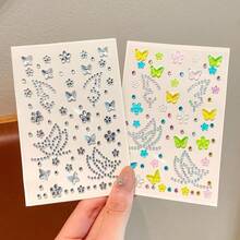 4pcs Random 3D Butterfly & Flower Rhinestone Stickers, Multi-Color Iridescent Glitter Self-Adhesive Face & Eye Makeup Decals, Built-In Adhesive Backing No Extra Glue Needed, Includes Butterfly, Small Flower, Round Rhinestone & Chain Rhinestone Combination Styles, Rich Color Transparent & Sparkling, Suitable For Music Festival, Christmas, Halloween, Birthday Party, Children's Day Performance, Wedding, Photo Shoot, Cosplay And Other Occasions - Multicolor - View 6