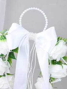 1 buah Bunga Mawar Putih & Pita Satin dengan Gagang Mutiara, Buket Bunga Tangan Elegan untuk Acara Pernikahan, Pesta, dan Properti Foto - Putih - View 7