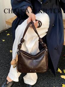 1pc Square PU Fabric Shoulder Bag With Adjustable Strap, Suitable For Commuting, Shopping, Etc. (With Pendant) - Coffee - View 12