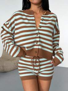 Women's Striped Print Front Button Long Sleeve Crew Neck Cropped Knit Cardigan, Casual Drop Shoulder Sweater Jacket - Mint Blue - View 3