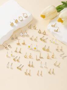 1 Set Of 60pcs Fashion Metal Butterfly Heart Rhinestone Moon Bow Flower Stud Earrings Set Holiday Gift Jewelry Women Can Wear Daily Multi-Piece Set - Yellow Gold - View 2