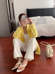 Vellofy 女款秋冬海軍藍 100% 純棉鈕扣領長袖寬鬆襯衫，適合居家休閒、日常約會與聚會 - 黃色 - 查看 8