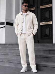 Men's 2-Piece Outfit, Waffle Knit Collar Shacket And Drawstring Straight Leg Pants Set, Casual Street Vacation Leisure Matching Set - Khaki - View 1