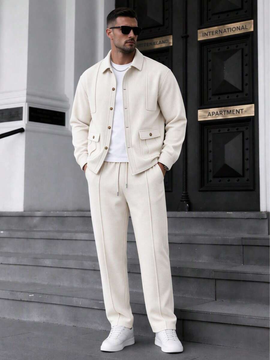 Men's 2-Piece Outfit, Waffle Knit Collar Shacket And Drawstring Straight Leg Pants Set, Casual Street Vacation Leisure Matching Set - Khaki - View 1