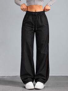 Women's High Waist Drawstring Wide Leg Training Pants With Side Zip Mesh Panels And Adjustable Hems For Gym Workout - Black - View 4