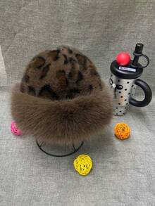 1pc Leopard Print Warm Plush Hat For Women, 2026 Autumn/Winter Retro Thickened Cold-Proof Face-Slimming, Suitable For Cold Weather Wear - Leopard Print Bucket Hat - View 9