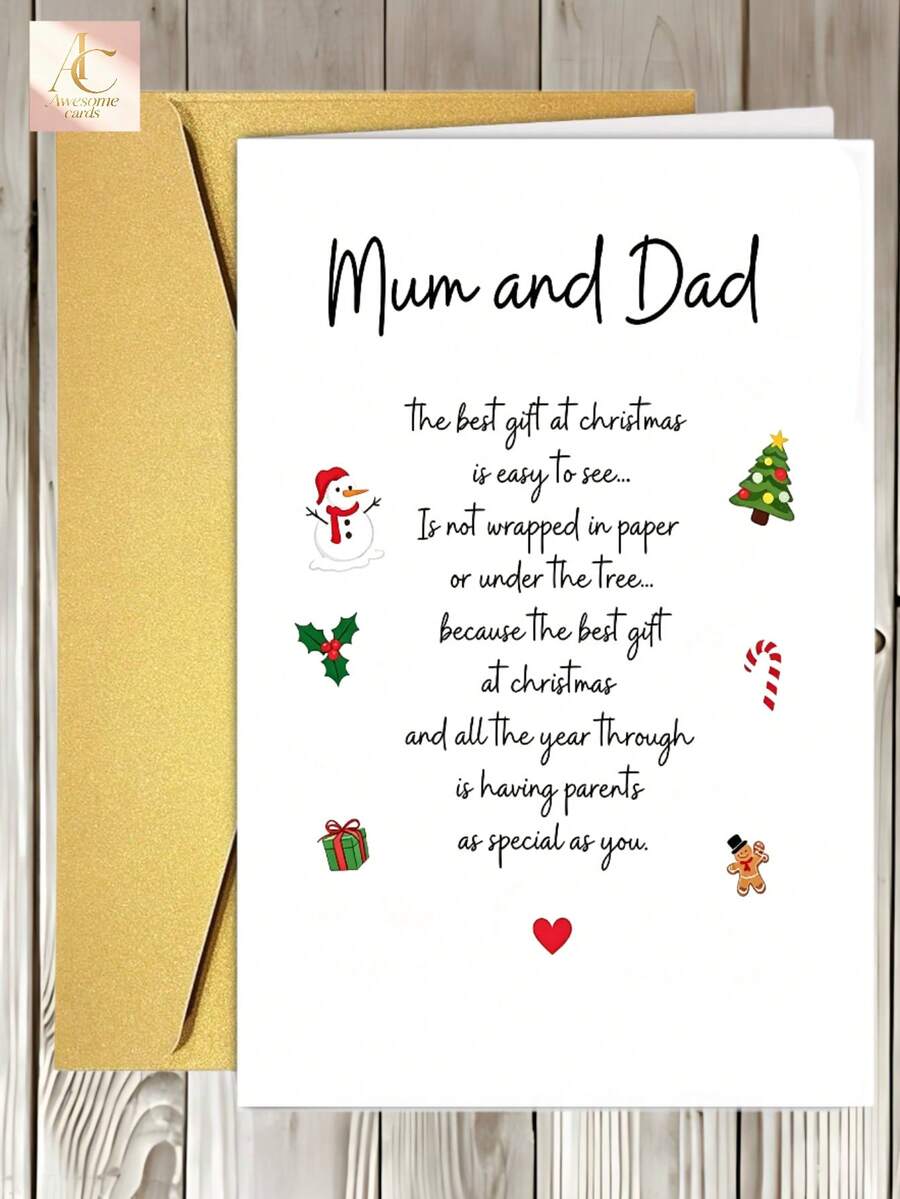Sweet Christmas Greeting Card For Mum And Dad, Cute Snowman Xmas Tree Illustrations Holiday Card, Poem Message Season Card For Parents - One Size Fits All - View 1