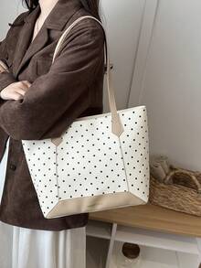 Tas Tote Gaya Korea Minimalis Motif Polkadot Tekstur Leci, Tas Bahu Serbaguna dan Lucu untuk Wanita dan Pelajar - Krem - View 5