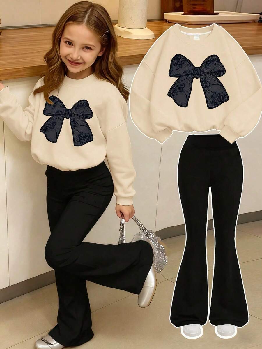 2pcs/Set Girls Bow Print Crew Neck Sweatshirt And Pants, New Fashionable Casual Travel Outfit - Apricot - View 1
