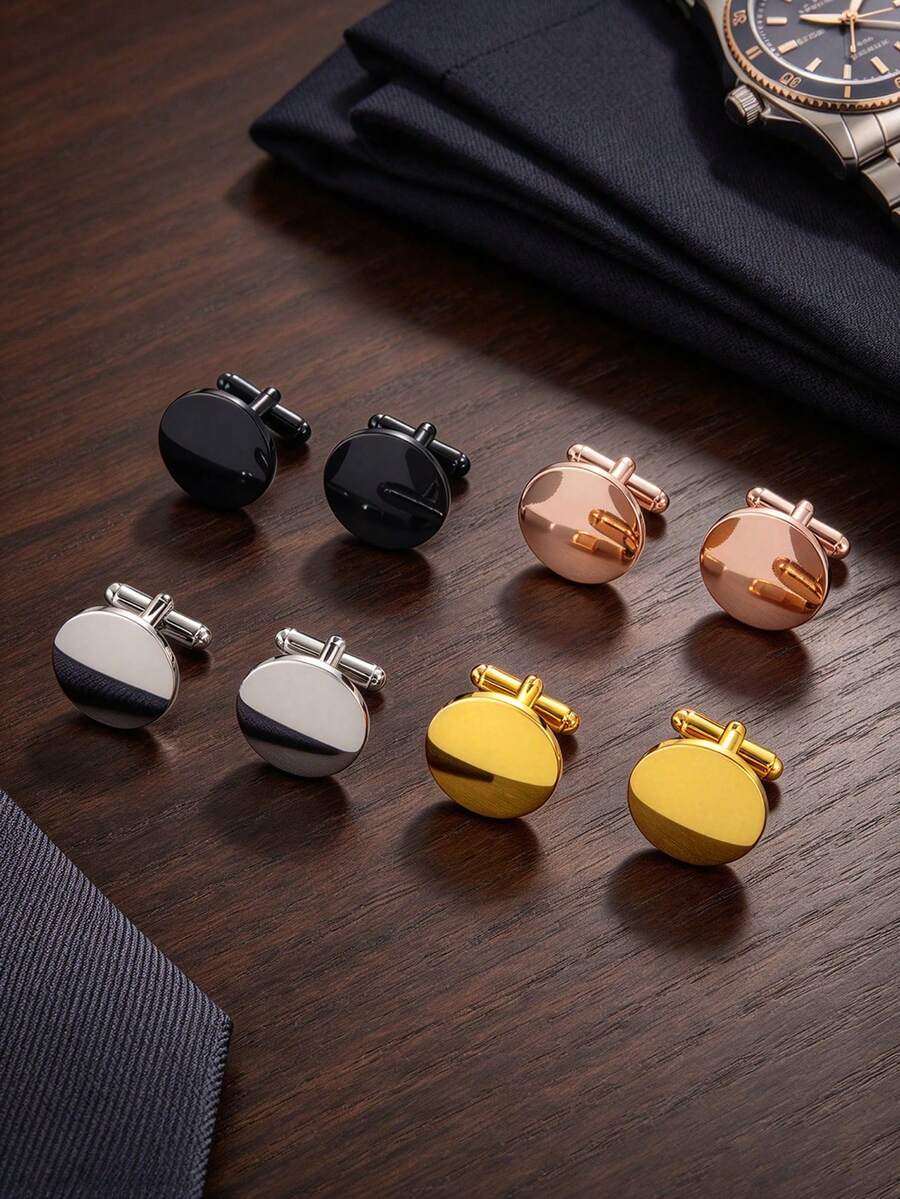 Men Round Solid Cufflinks, Smooth Polished Plain Round Surface, Classic Business Formal Style, Shirt Cuff Links, All Season Wedding Accessory - Multicolor - View 1