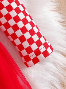Baby Girl Autumn/Winter Cute Red Riding Hood Costume Red & White Plaid Print Long Sleeve Apron Mesh Dress + Lace Trim Hooded Cape, Suitable For Christmas - Red - View 8