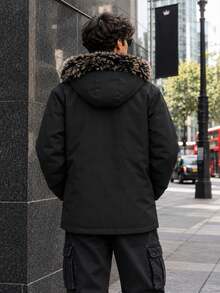 Men's Winter Hooded Padded Coat, Solid Color, Pockets, Regular Fit, Long Sleeve - Black - View 2