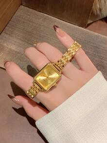 1件女款金色長方形石英手錶－經典金色錶盤配阿拉伯數字；優雅風格，適合日常穿著與辦公服飾 - 金色 - 查看 4