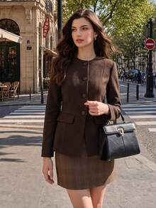Women's Elegant Solid Color Fashion Minimalist Slim Fit Flattering Old Money Style Blazer, Suitable For Daily Wear, Dating, Commuting, Business Events, Airport - Coffee Brown - View 4