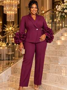 Plus Size Burgundy Two Pieces Pants Suit Long Sleeve Shawl Collar Peplum Blazer With Ruffle Flare Cuff Elegant Formal Church Business Fall Outfit - Burgundy - View 1