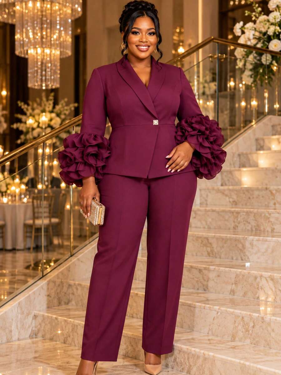 Plus Size Burgundy Two Pieces Pants Suit Long Sleeve Shawl Collar Peplum Blazer With Ruffle Flare Cuff Elegant Formal Church Business Fall Outfit - Burgundy - View 1