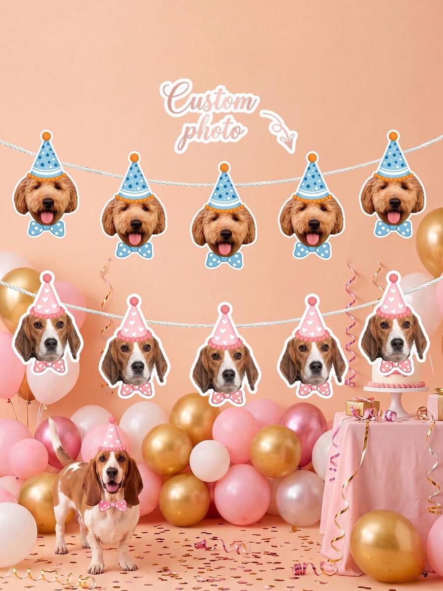 8/12/16pcs Custom Pet Photo Birthday Bunting Banner, Pet Face Banner With Party Hat,Custom Dog Birthday Party Wall Hanging Decoration - Multicolor - View 1