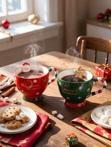 2pcs Creative Christmas Theme Ceramic Breakfast Mugs, Santa Claus And Gingerbread Man Styles, Unique Candy Cane Handle, 500ml Capacity, Suitable For Daily Hot Drinks, Perfect For Home Decor To Create A Warm And Festive Christmas Atmosphere - Multicolor - View 2