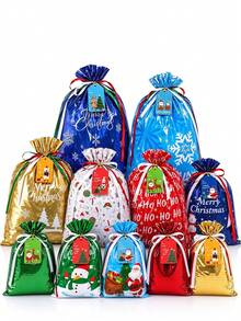 1 Set 32x24 Reusable Christmas Gift Bags With Foil Drawstring, Holiday Design, Suitable For Party Favors, Gifts And Decoration, Durable Plastic Material - Multicolor - View 5