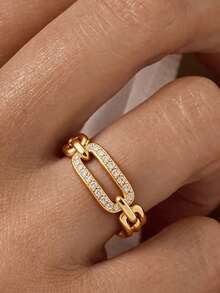 1pc 18K Gold Plated Luxury Chain Link Diamond Ring, Oval Chain Ring, Exquisite Holiday Party Gift For Women - Yellow Gold - View 1