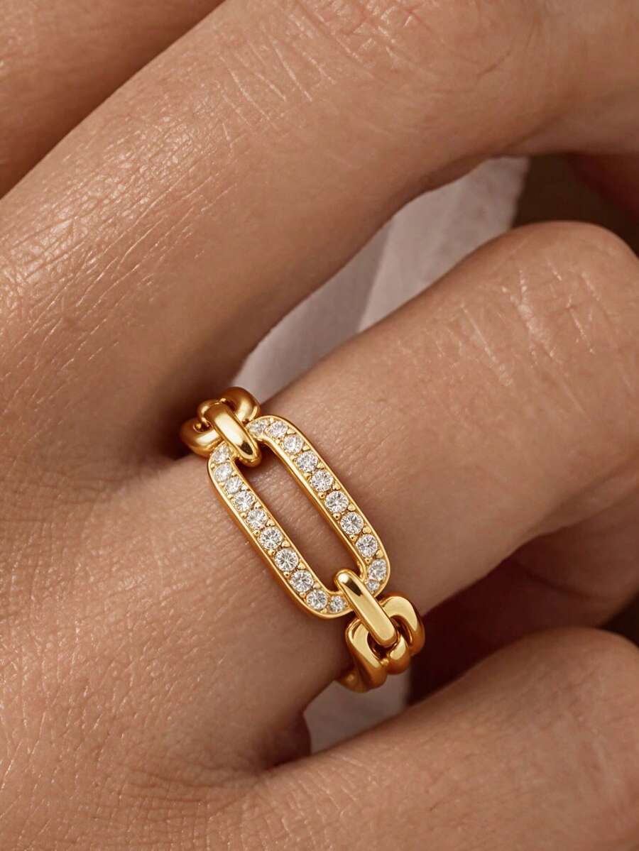 1pc 18K Gold Plated Luxury Chain Link Diamond Ring, Oval Chain Ring, Exquisite Holiday Party Gift For Women - Yellow Gold - View 1