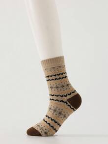 1 par de calcetines de punto casuales vintage para mujer de otoño/invierno, calcetines de media caña con jacquard de ondas geométricas, calcetines de punto casuales retro de media caña - Multicolor - Ver 7