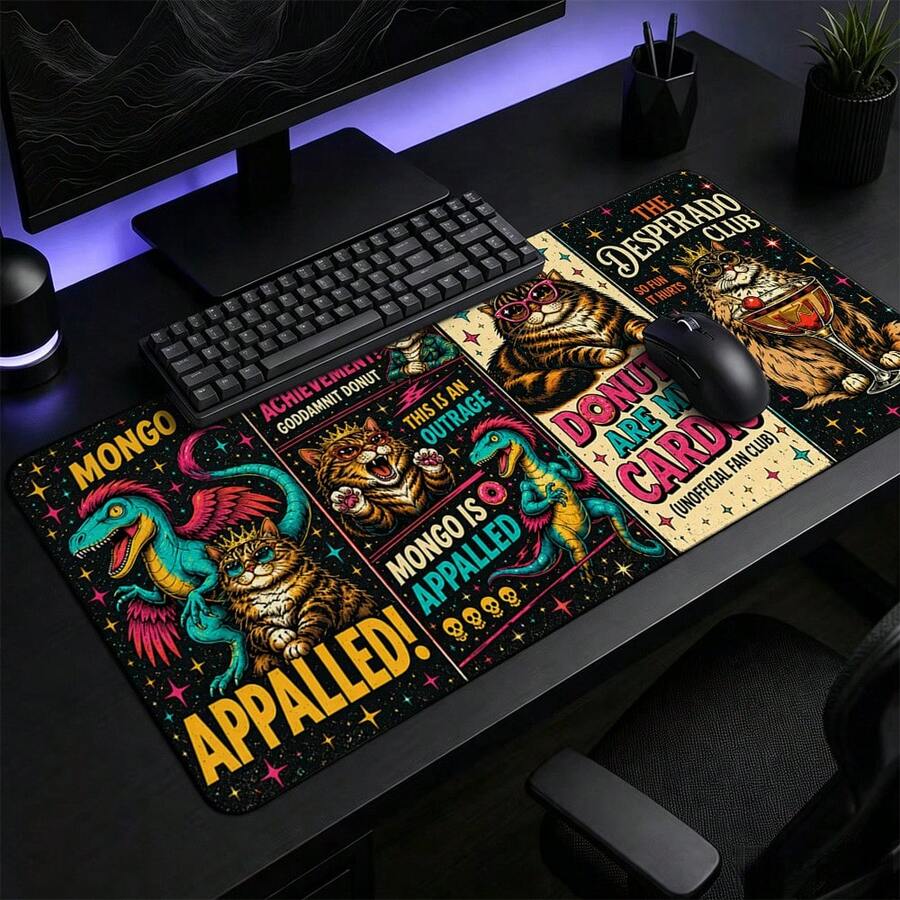 Cat And Dragon Adventure Mouse Pad, Vintage Arcade Style Cartoon Monster Star Print Large Extended Keyboard Desk Mat, Polyester Surface With Non-Slip Rubber Base For Gaming Setup, Study Room, Home Office And Game Decor, 3 Sizes Available - View 1