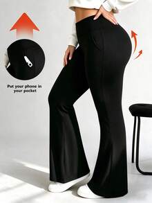 Autumn/Winter New Women's Plus Size Solid Color High Waist Elastic Flare Pants, Slim Fit Minimalist Versatile Yoga Casual Sports Long Pants - Black - View 5