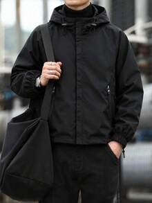 Men's Plus Size Black Casual Hooded Loose Fit Elastic Cuff Zip-Up Jacket - Black - View 1