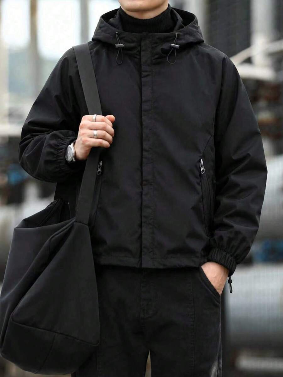 Men's Plus Size Black Casual Hooded Loose Fit Elastic Cuff Zip-Up Jacket - Black - View 1