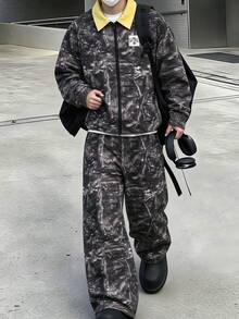 Lurzo 2件組青少年男孩街頭Y2K休閒迷彩開襟夾克外套與寬鬆長褲套裝，黃色翻領樹紋迷彩印花開襟夾克搭配直筒長褲，時尚穿搭 - 軍綠色 - 查看 2