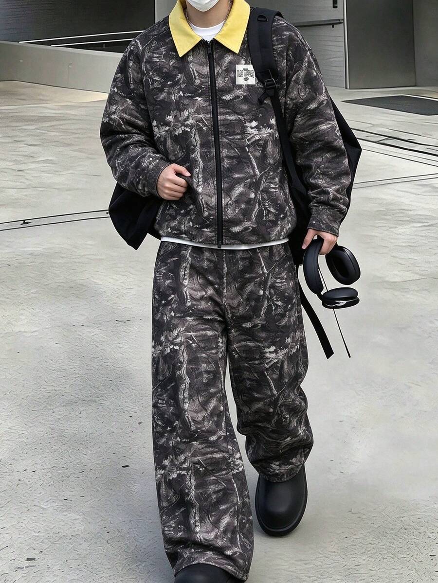 Lurzo 2pcs/Set Teen Boys Street Y2K Casual Camouflage Cardigan Jacket And Loose Pants Set, Yellow Lapel Tree Pattern Camouflage Print Cardigan Jacket With Straight Leg Pants, Fashion Outfit - Army Green - View 1
