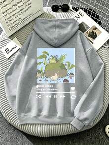 Plus-Size Women's Hoodie With Frog Music Illustration Print, Drawstring Pockets, Casual Sports Style, Autumn And Winter Top, Everyday Wear. - Grey - View 2