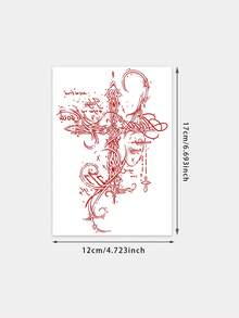 1 Sheet Red Gothic Cross Script Temporary Tattoo Stickers, Ornate Vintage Calligraphy Text Fake Tattoos For Waist Hip, Waterproof Body Art Decals For Women Party Decor - Red - View 5