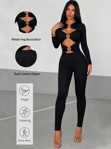 AiTyi Designer Metal Buckle Hollow Long Sleeve Fitted Jumpsuit, High Elasticity Slim Fit, Back To School Autumn Party Y2K Style - Black - View 1