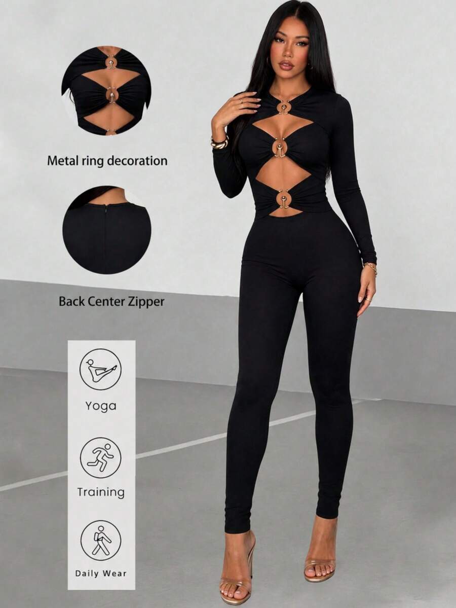 AiTyi Designer Metal Buckle Hollow Long Sleeve Fitted Jumpsuit, High Elasticity Slim Fit, Back To School Autumn Party Y2K Style - Black - View 1