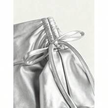Women's Metallic Ruffle Tiered Mini Skirt High Waisted Drawstring Party Y2K Festival - Silver - View 3
