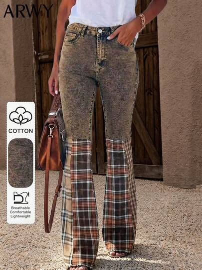 ARWY Damen Boho-Stil gewaschene Schlaghose, kariertes Patchwork-Design, lange elegante Hose, mit Knopf-Taschen, mittlere Stretch