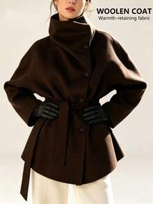 Women's Brown Funnel Neck Belted Long Sleeve Jacket With Pockets, Elegant Polyester Regular Length Autumn/Winter Fashion - Brown - View 4