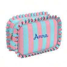 Custom Embroidered Striped Ruffle Trim Makeup Bag, Large Capacity Cosmetic Bag, Travel Makeup Organizer For Girl, Perfect Personalized Gift - Multicolor - View 14