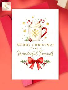 Watercolor Hot Cocoa Christmas Greeting Card For Friends, Red Bow Holly Berry Xmas Holiday Card, Elegant Golden Text Season Celebration Card - One Size Fits All - View 1