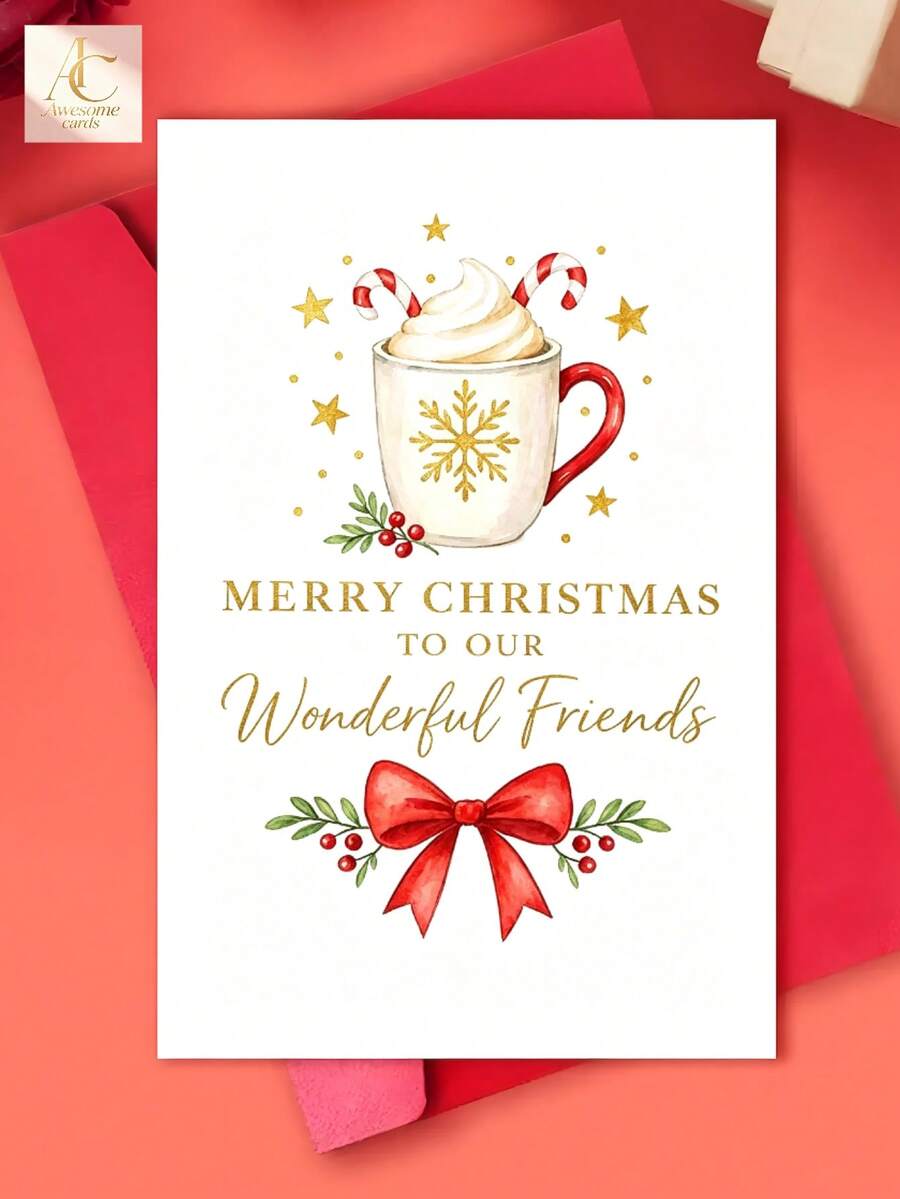 Watercolor Hot Cocoa Christmas Greeting Card For Friends, Red Bow Holly Berry Xmas Holiday Card, Elegant Golden Text Season Celebration Card - One Size Fits All - View 1
