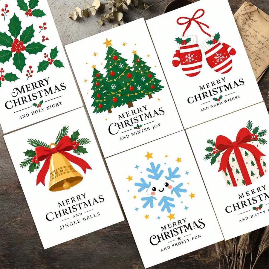 12 Greeting Cards + 12 Envelopes Festive Christmas 2D Card, Winter Holiday Elements Merry Christmas, Suitable For Friends, Christmas Season Minimalist Style Greeting Card.