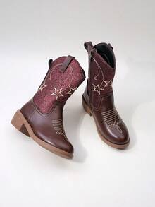Girls' Vintage Star Embroidered Mid-Calf Boots, Autumn/Winter Side Zipper Non-Slip Fashion Boots - Brown - View 1